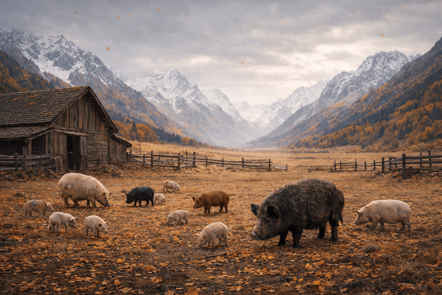 Pig farm in snowy mountain landscape